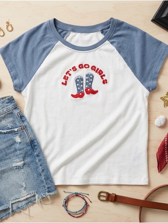 Messy Bun Just Chillin Tops - Messy Bun "Let's Go Girls" Raglan Tee Medium White Dusty Blue Cotton Graphic
